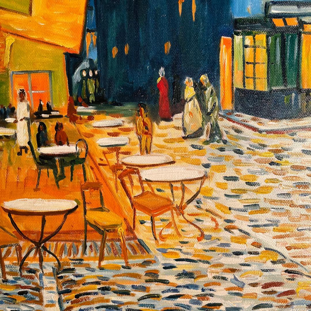 ★秀作★手書き油絵 ゴッホ 夜のカフェテラス 額付 肉筆絵画 インテリア 油彩画