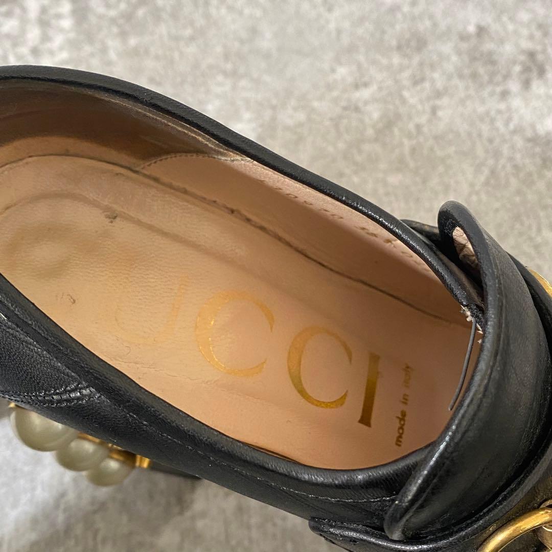 グッチ スタッズ レザー ホースビット 厚底 ローファー パール 22.5cm