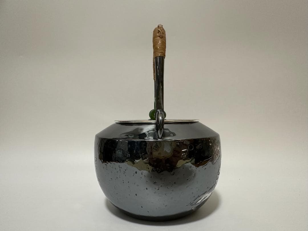 純銀製 浮彫漢詩 獣口湯沸 銀瓶 煎茶道具