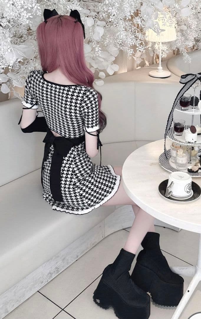 ハニーミュウアームカバー付きバックリボン千鳥ワンピース