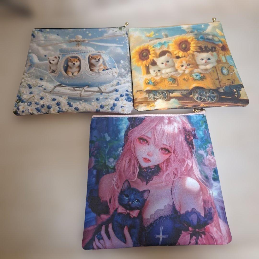 激レアねこパネル生地　ハンドメイド　ミニバック　まちなしバッグ　ポーチ