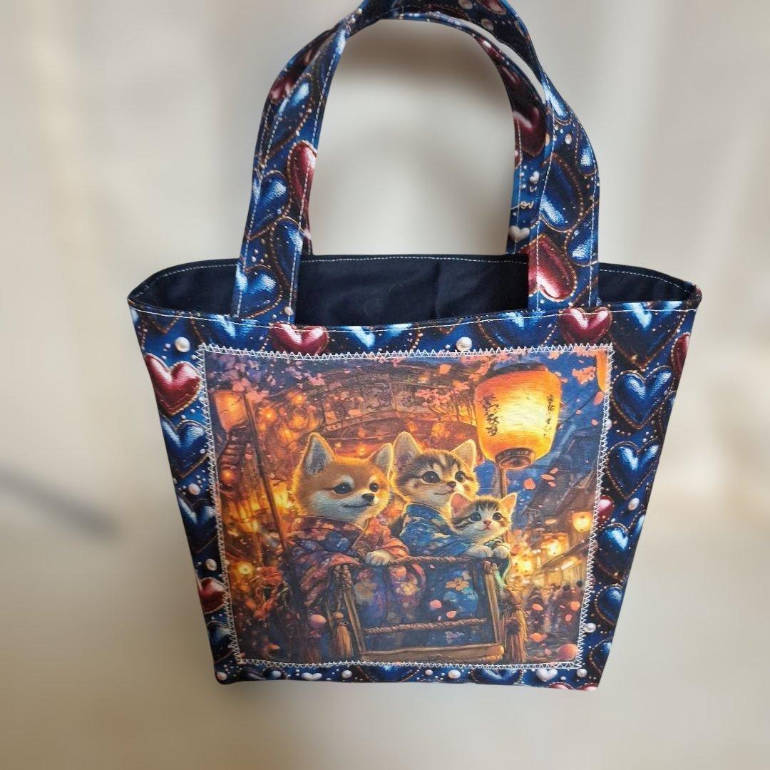 激レアねこパネル生地　ハンドメイド　ミニバック　まちなしバッグ　ポーチ