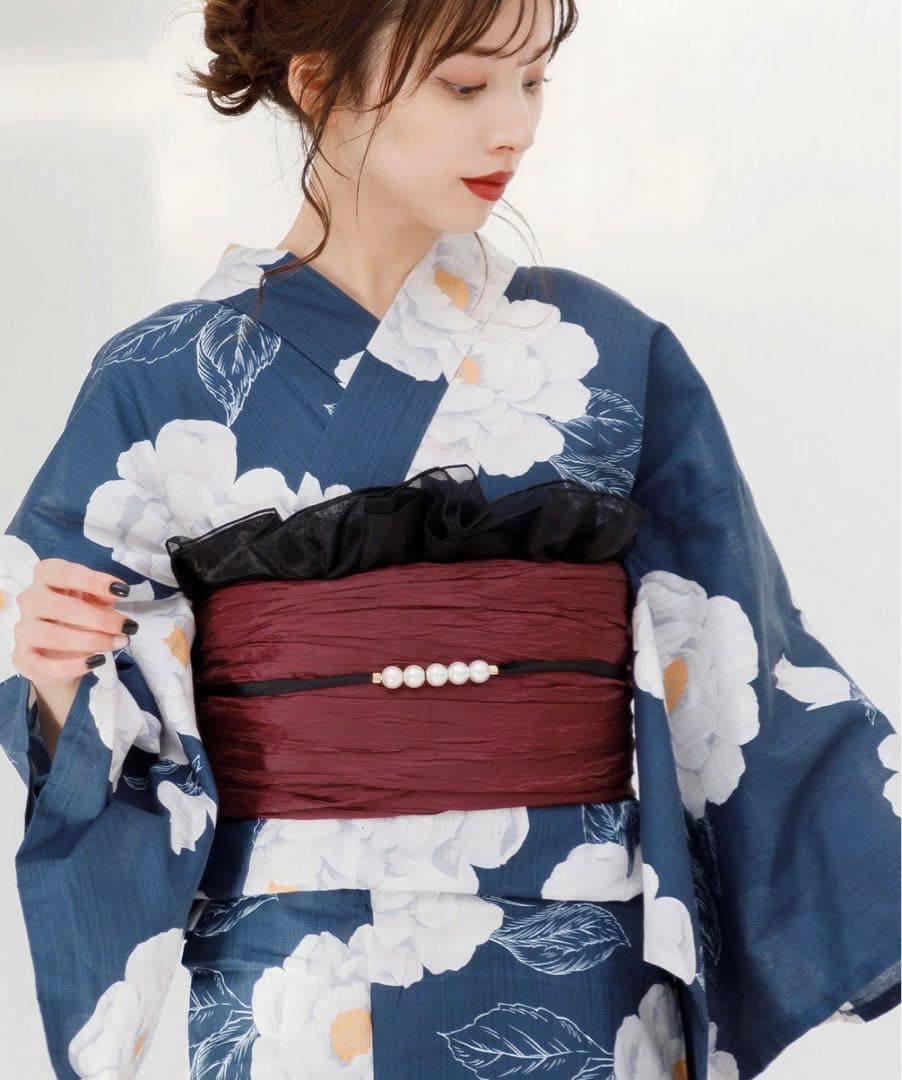 Dita 浴衣 涼風の藍紺牡丹 ふんわりオーガンジー兵児帯 クロ