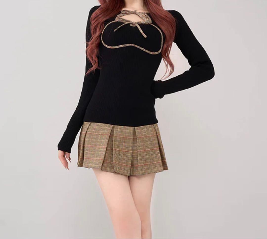 Darich ポイントチェックニットミニワンピース BLK