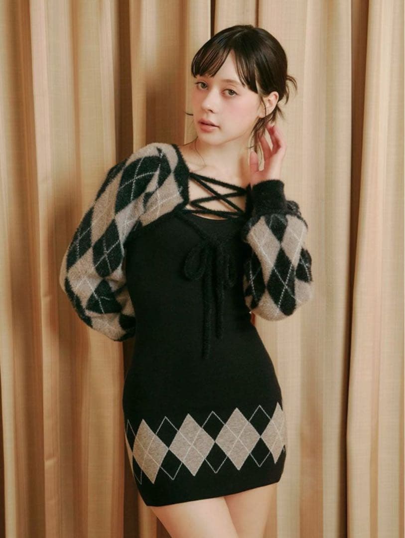 bubbles バブルス レースアップアーガイルワンピース ブラック Sサイズ