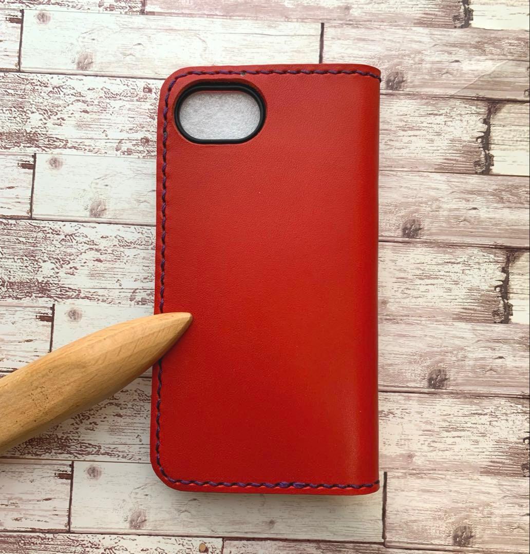 栃木レザー　レッド　iPhoneケース　2枚ポケット付き　手帳型　本革