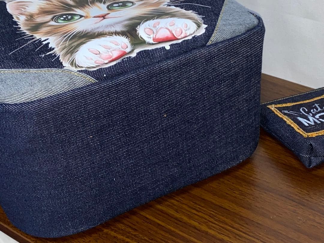 男女兼用☆岡山デニム♪ステンシル☆トラネコ☆Sサイズ☆3wayボストンバッグ