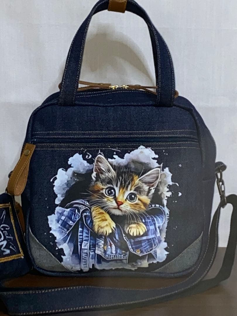 男女兼用☆岡山デニム♪ステンシル☆トラネコ☆Sサイズ☆3wayボストンバッグ