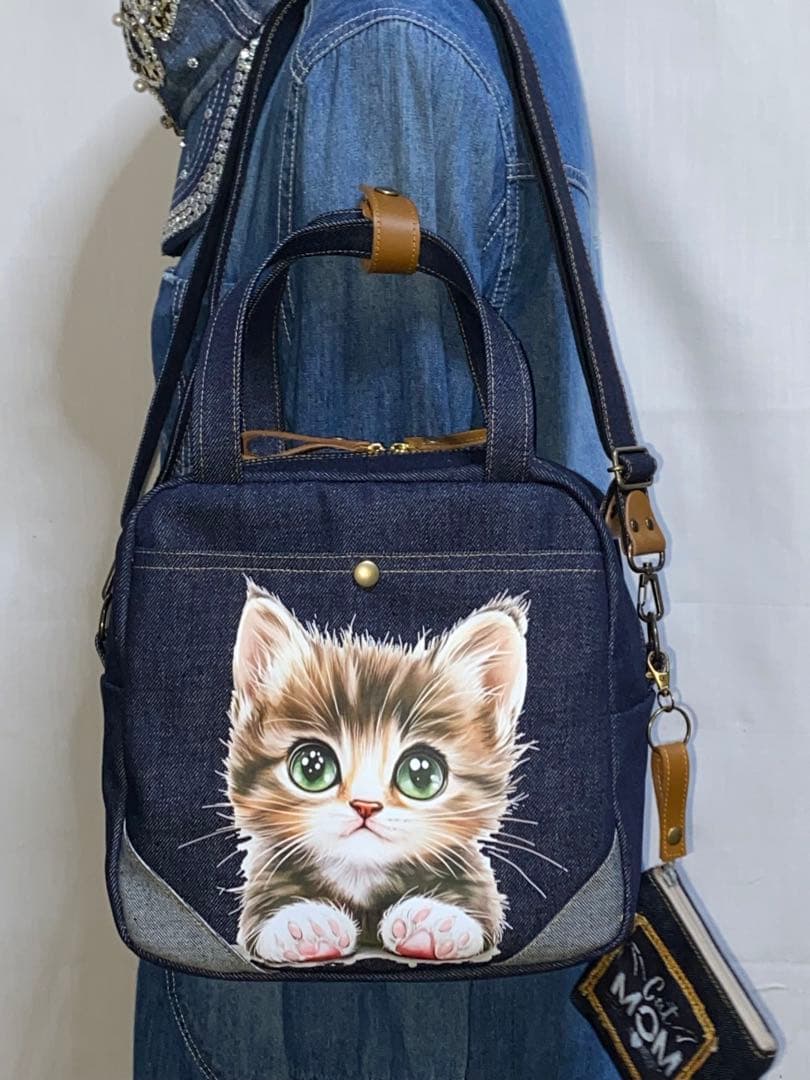 男女兼用☆岡山デニム♪ステンシル☆トラネコ☆Sサイズ☆3wayボストンバッグ