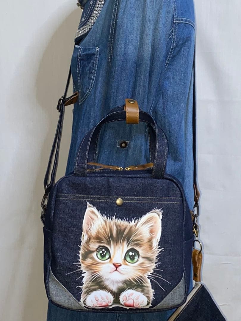 男女兼用☆岡山デニム♪ステンシル☆トラネコ☆Sサイズ☆3wayボストンバッグ