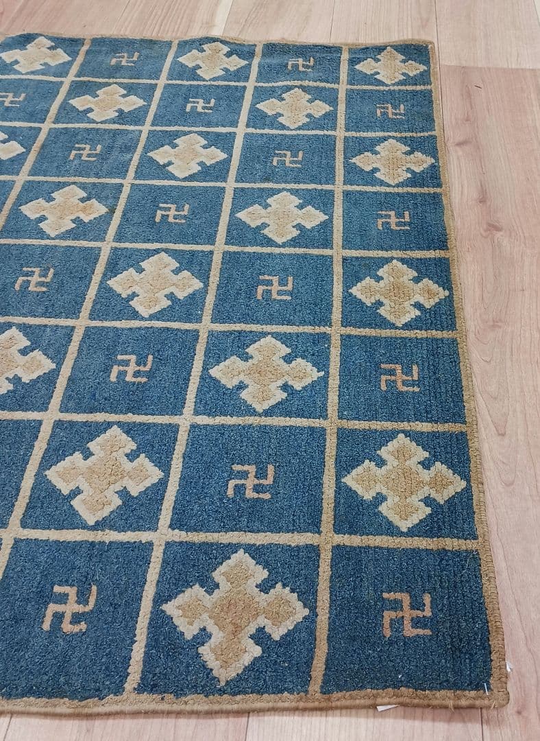 Y1128-2 幻の古緞通 赤穂緞通 卍格子文段通 絨毯 189×91㎝