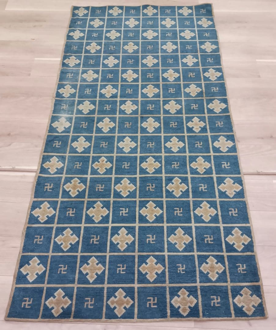 Y1128-2 幻の古緞通 赤穂緞通 卍格子文段通 絨毯 189×91㎝