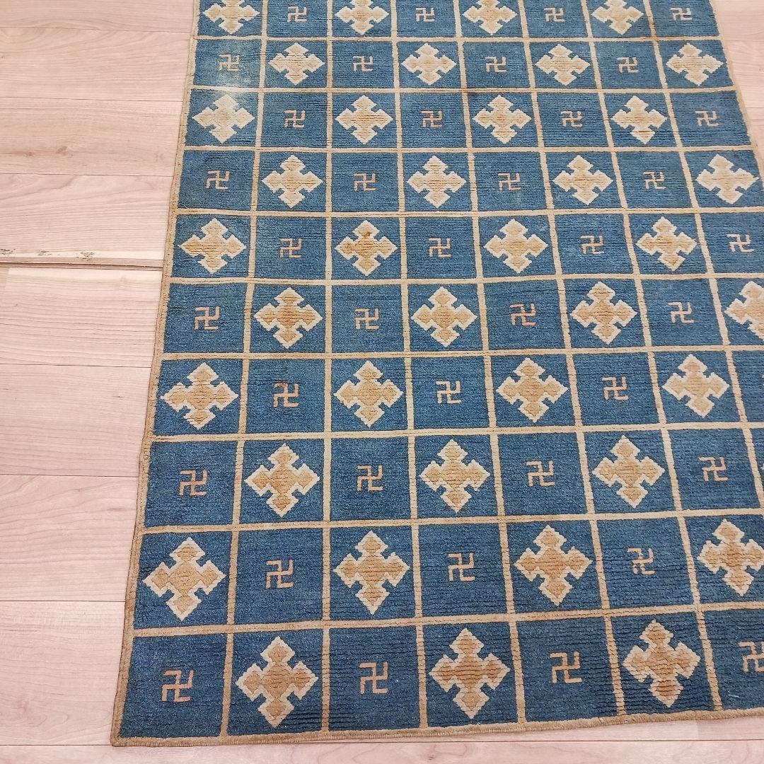 Y1128-2 幻の古緞通 赤穂緞通 卍格子文段通 絨毯 189×91㎝