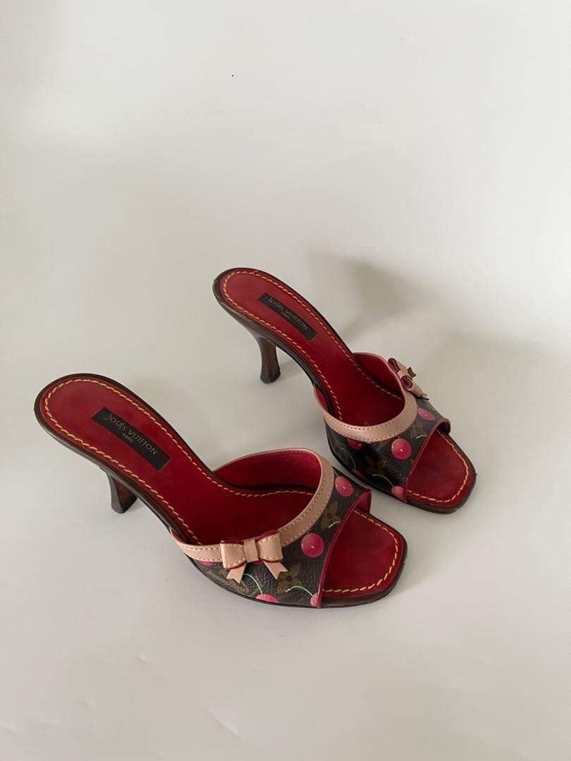 正規品 ルイヴィトン 村上隆コラボ チェリー柄 サンダル ミュール ヒール