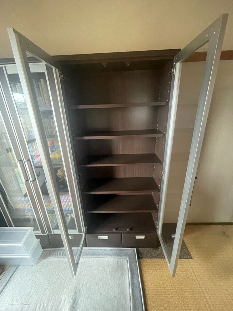 【中古】ダークブラウン本棚 ガラス扉付き 5段