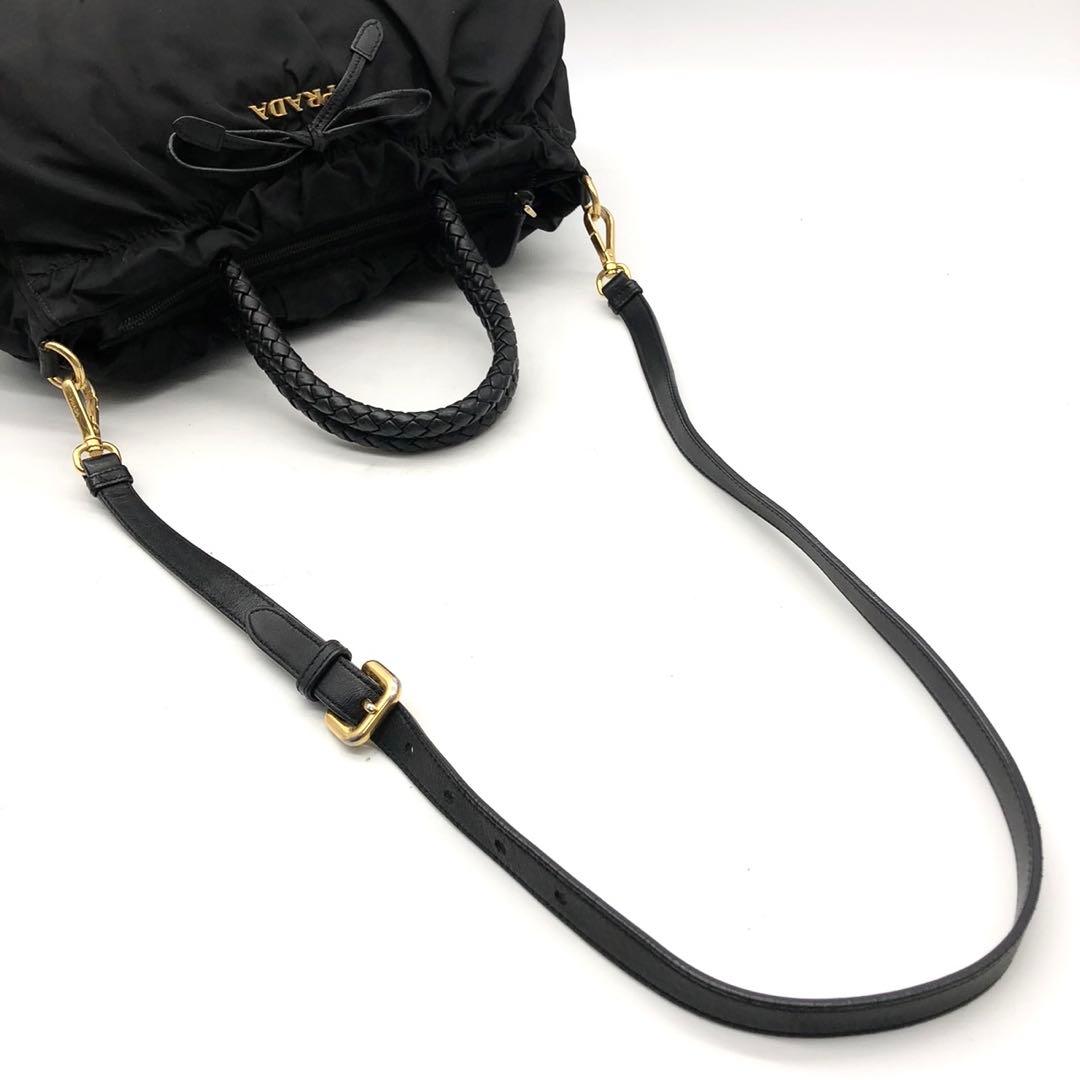 ✨ギャランティ付✨プラダ ハンドバッグ 2way ロゴ金具 リボン ナイロン 黒