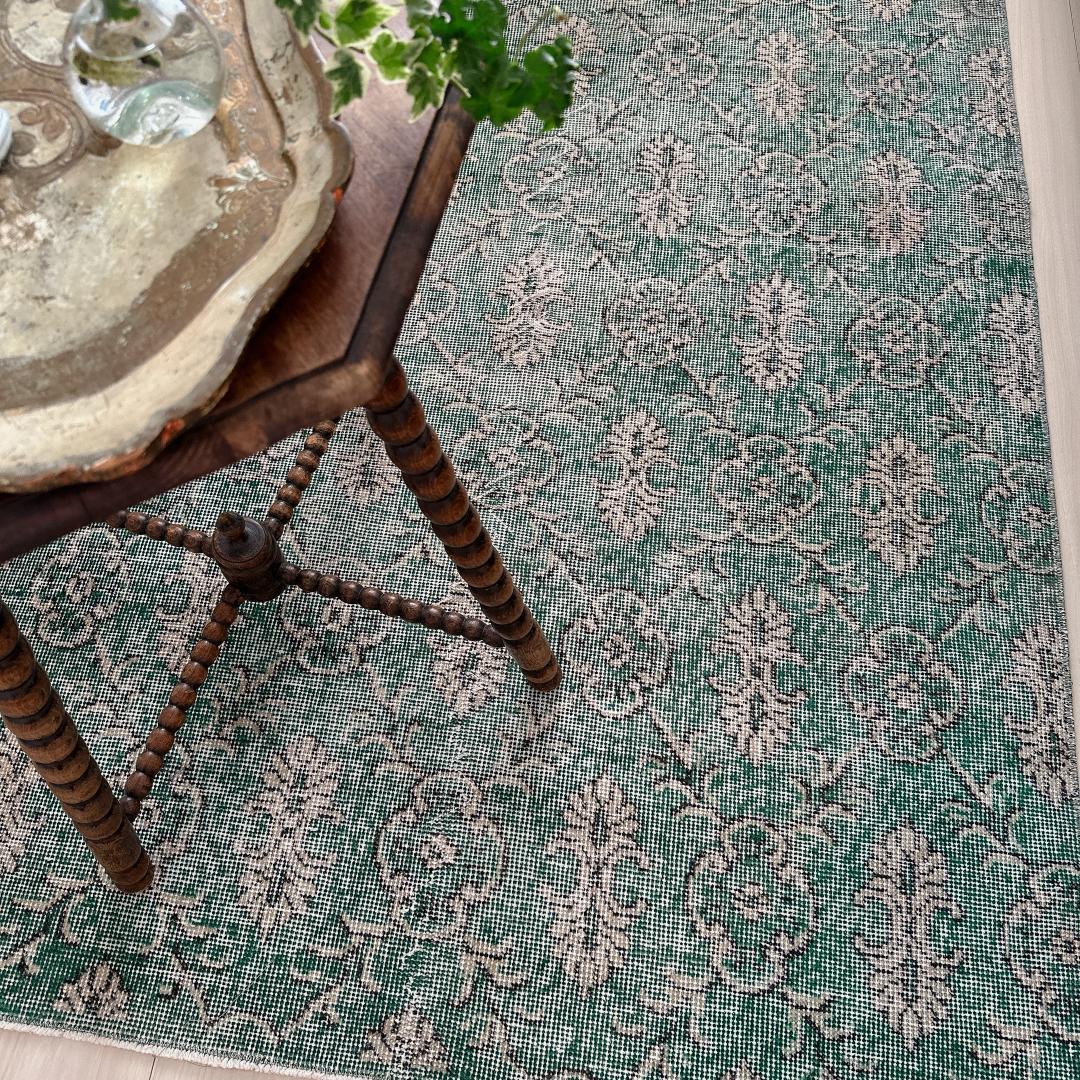 トルコヴィンテージラグ A34 レア 人気柄 紋章柄 グリーン ターコイズ