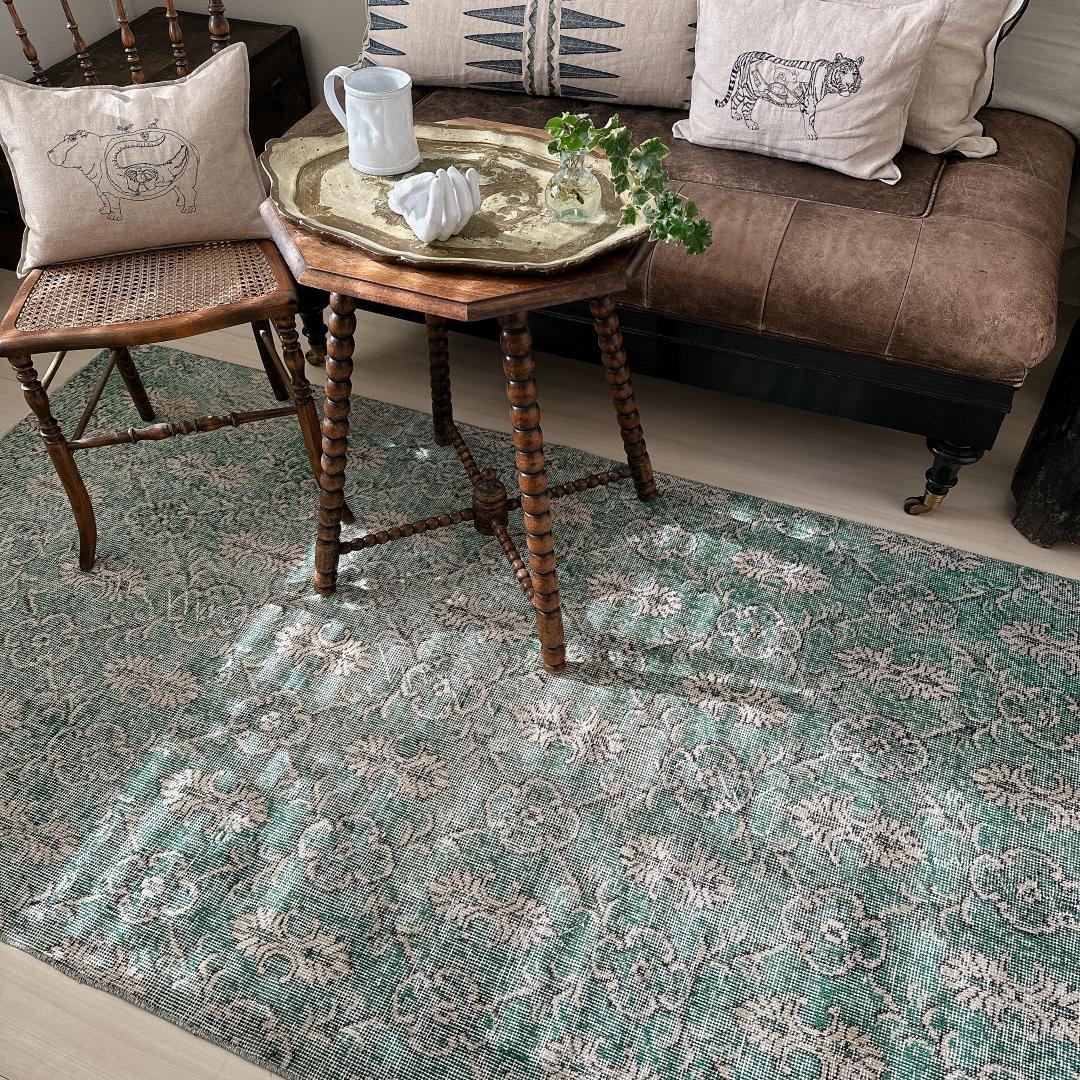 トルコヴィンテージラグ A34 レア 人気柄 紋章柄 グリーン ターコイズ