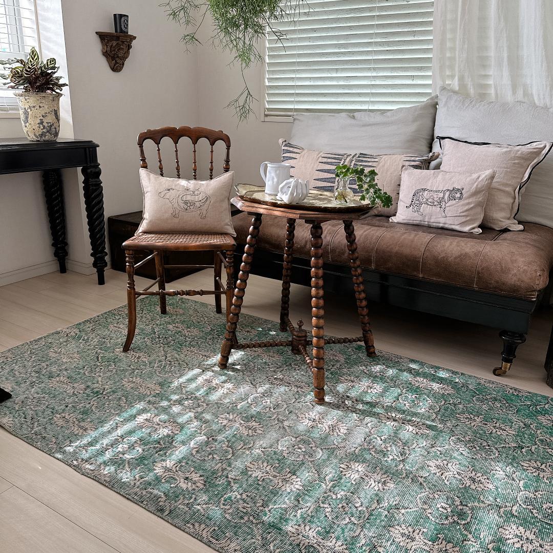 トルコヴィンテージラグ A34 レア 人気柄 紋章柄 グリーン ターコイズ