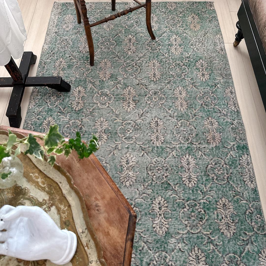 トルコヴィンテージラグ A34 レア 人気柄 紋章柄 グリーン ターコイズ