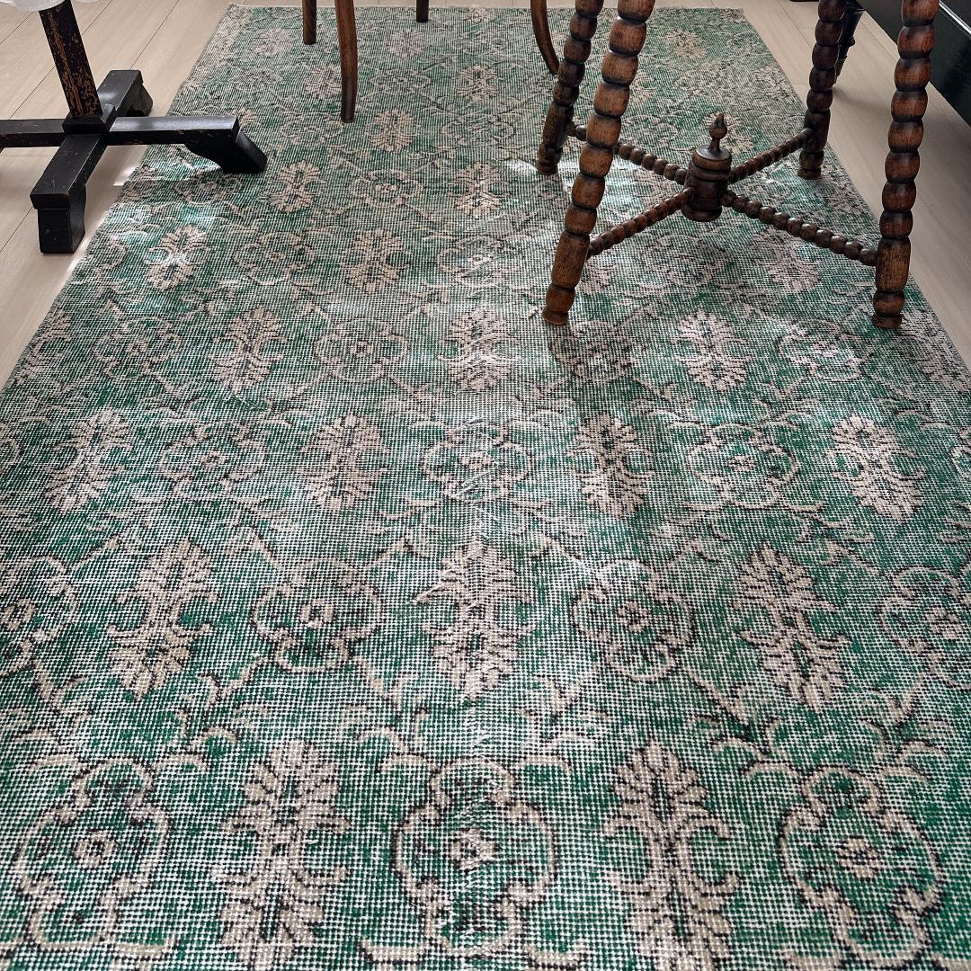 トルコヴィンテージラグ A34 レア 人気柄 紋章柄 グリーン ターコイズ