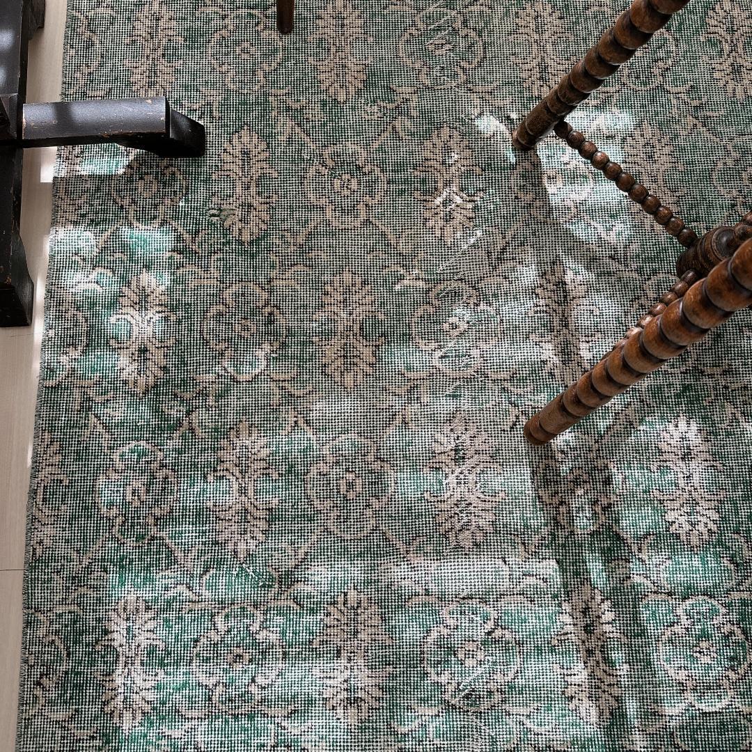 トルコヴィンテージラグ A34 レア 人気柄 紋章柄 グリーン ターコイズ