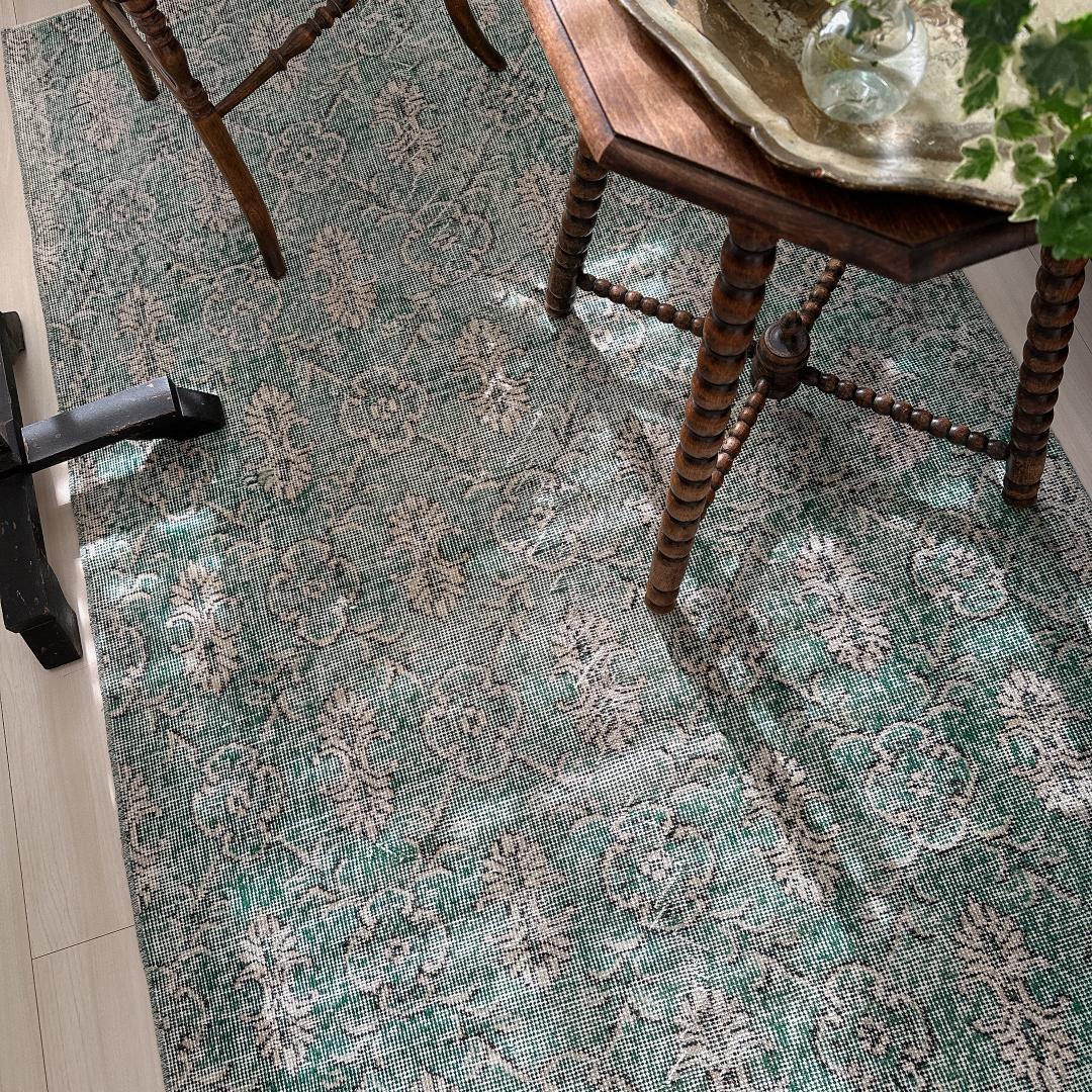 トルコヴィンテージラグ A34 レア 人気柄 紋章柄 グリーン ターコイズ