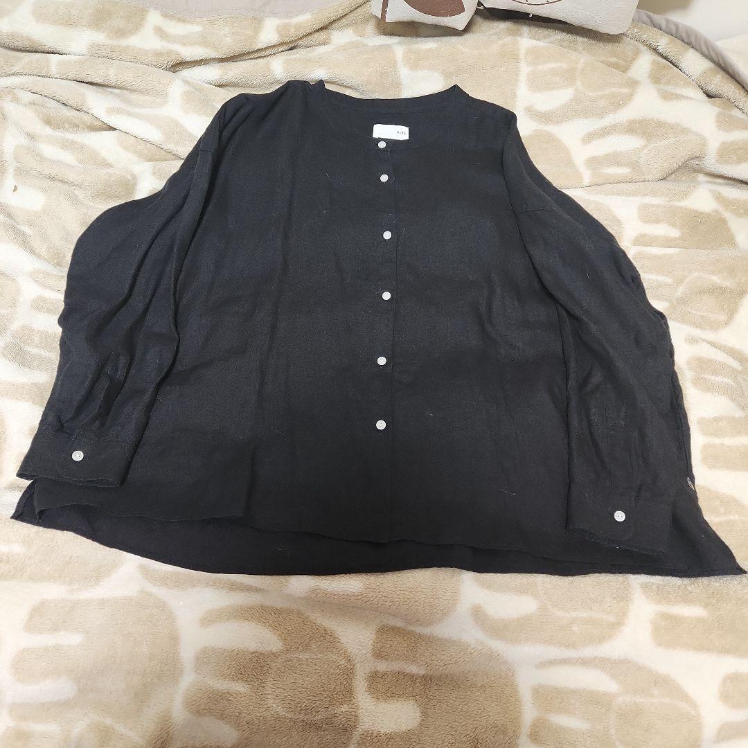 HUIS 遠州織物 U104　シャトルリネンバンドカラーワイドブラウス ブラック