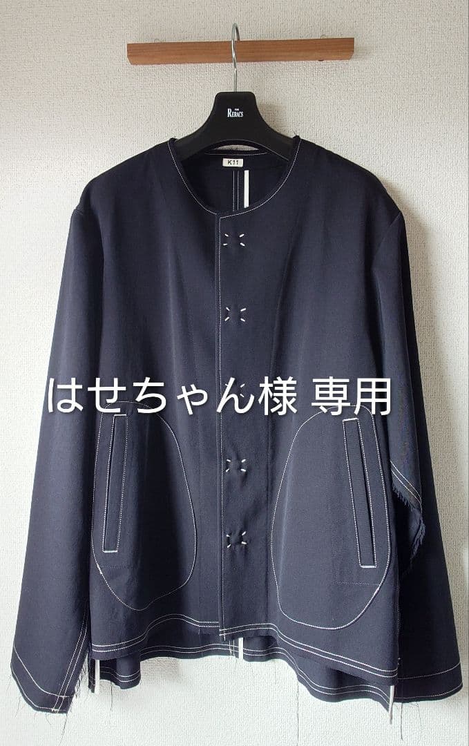 24AW KHOKI ノーカラー フリンジ ウールジャケット 2 ネイビー