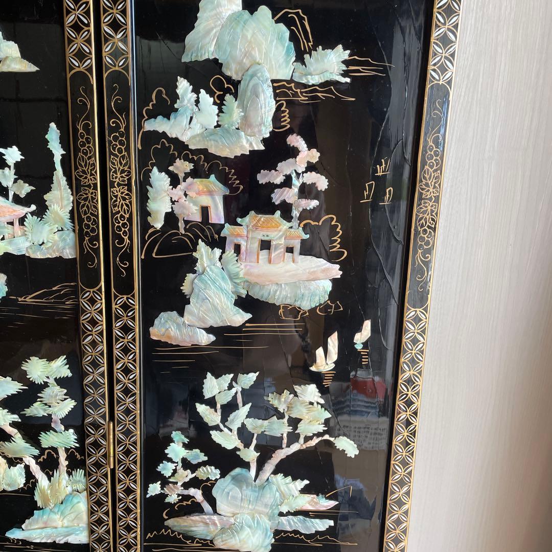 貝殻細工の風景画屏風 4つ折り