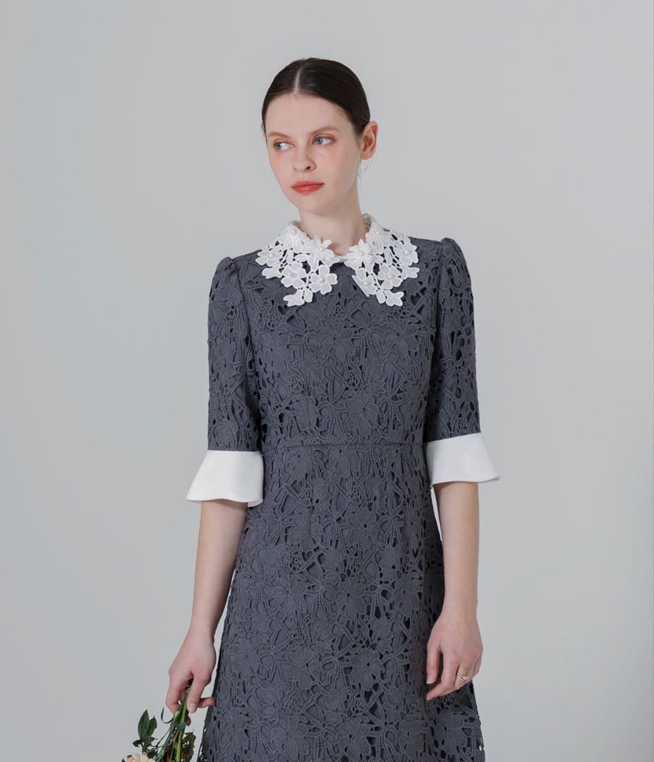 【美品】【LEJA】花柄レース刺繍Aラインフレアドレスワンピース