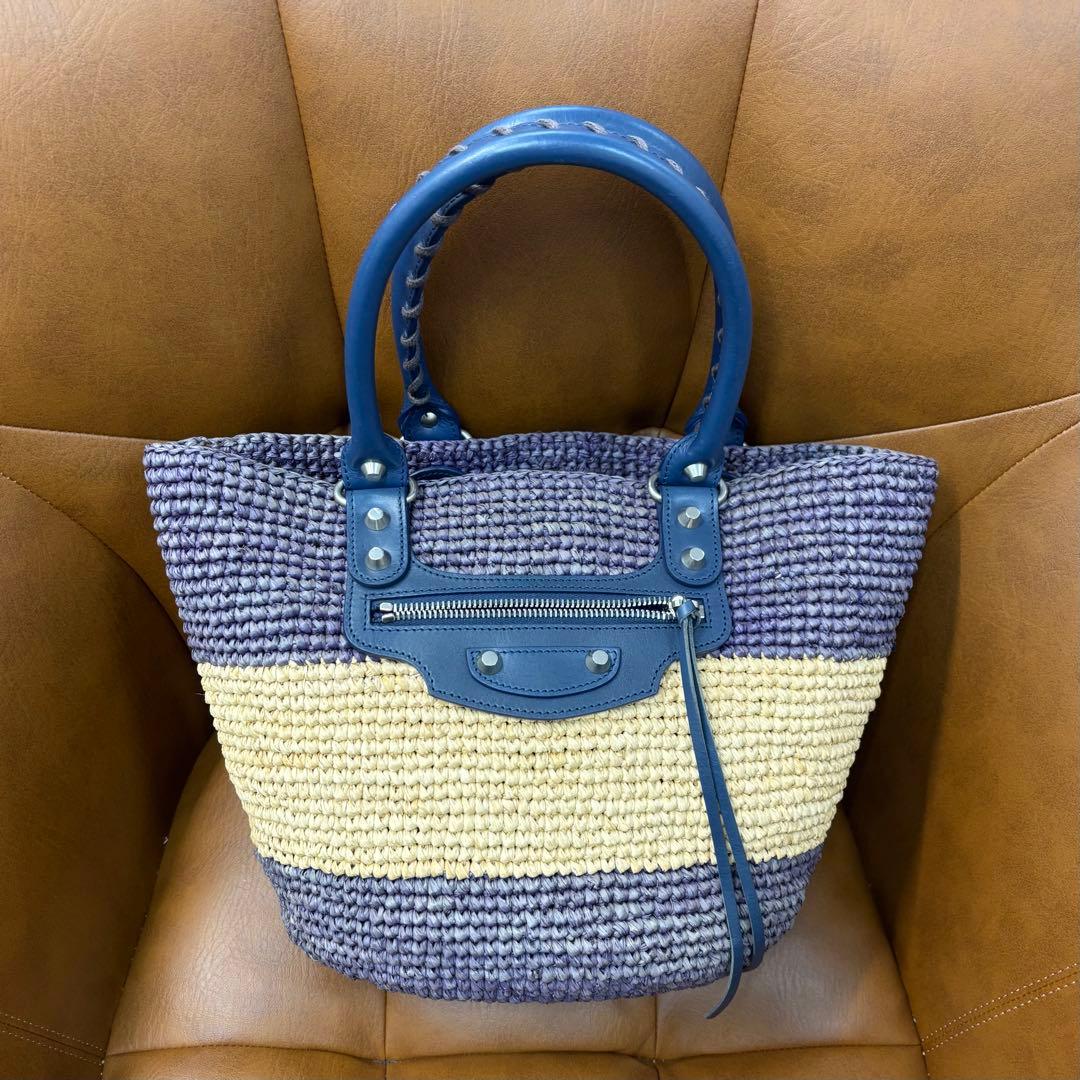 バレンシアガ パニエXS 466498 ハンドバッグ パープル ベージュラフィア