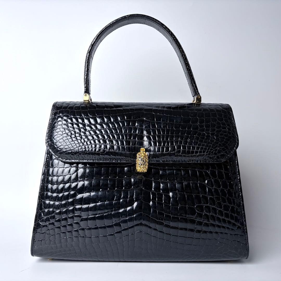 WATA‐ICHI　シャイニングクロコ　センター取り　トップハンドル　黒