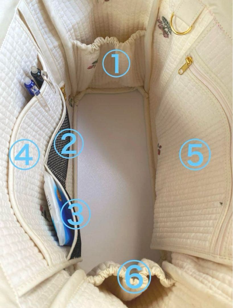 Ａ．ヌビ　オフホワイト×いちご　ポケットいっぱいマザーズバッグ　ハンドメイド