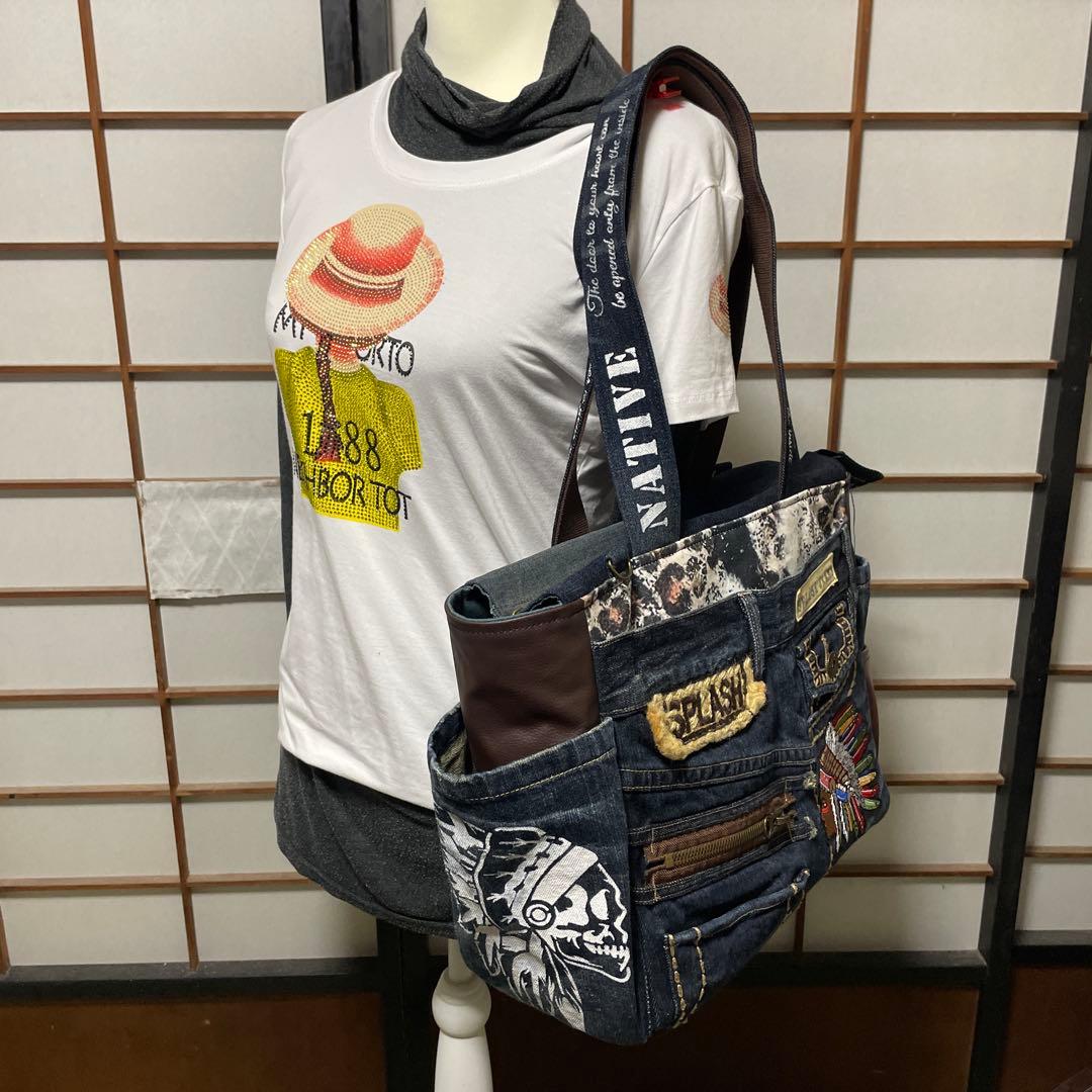 No.467 デニムリメイクバッグ　BIGサイズ　カウスカル　インディアン