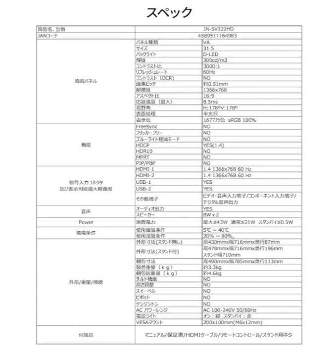 ジャパンネクスト JN-SV322HD モニター 31.5インチ FWXGA新品