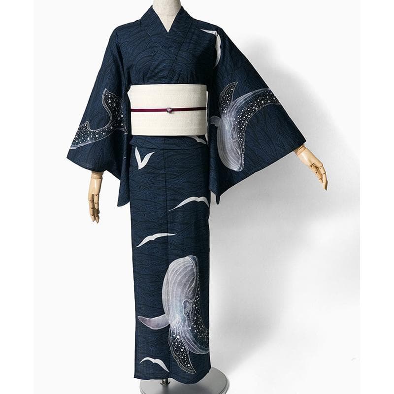 しげこです〜レア柄★めずらしい絵羽柄浴衣.紺地波柄