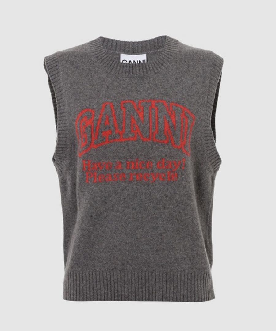 GANNI グレー ロゴ入り ニットベスト