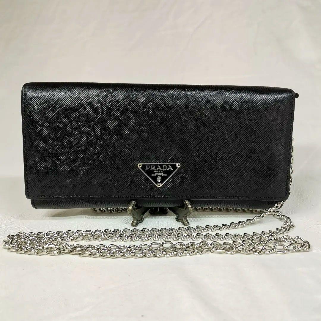 【美品】PRADAプラダ サフィアーノ黒 長財布 新品ショルダー付 鑑定済