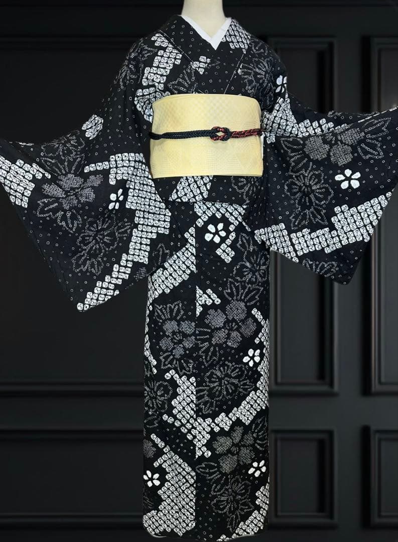 新品美品✨希少トールサイズ　有松鳴海絞り浴衣　黒