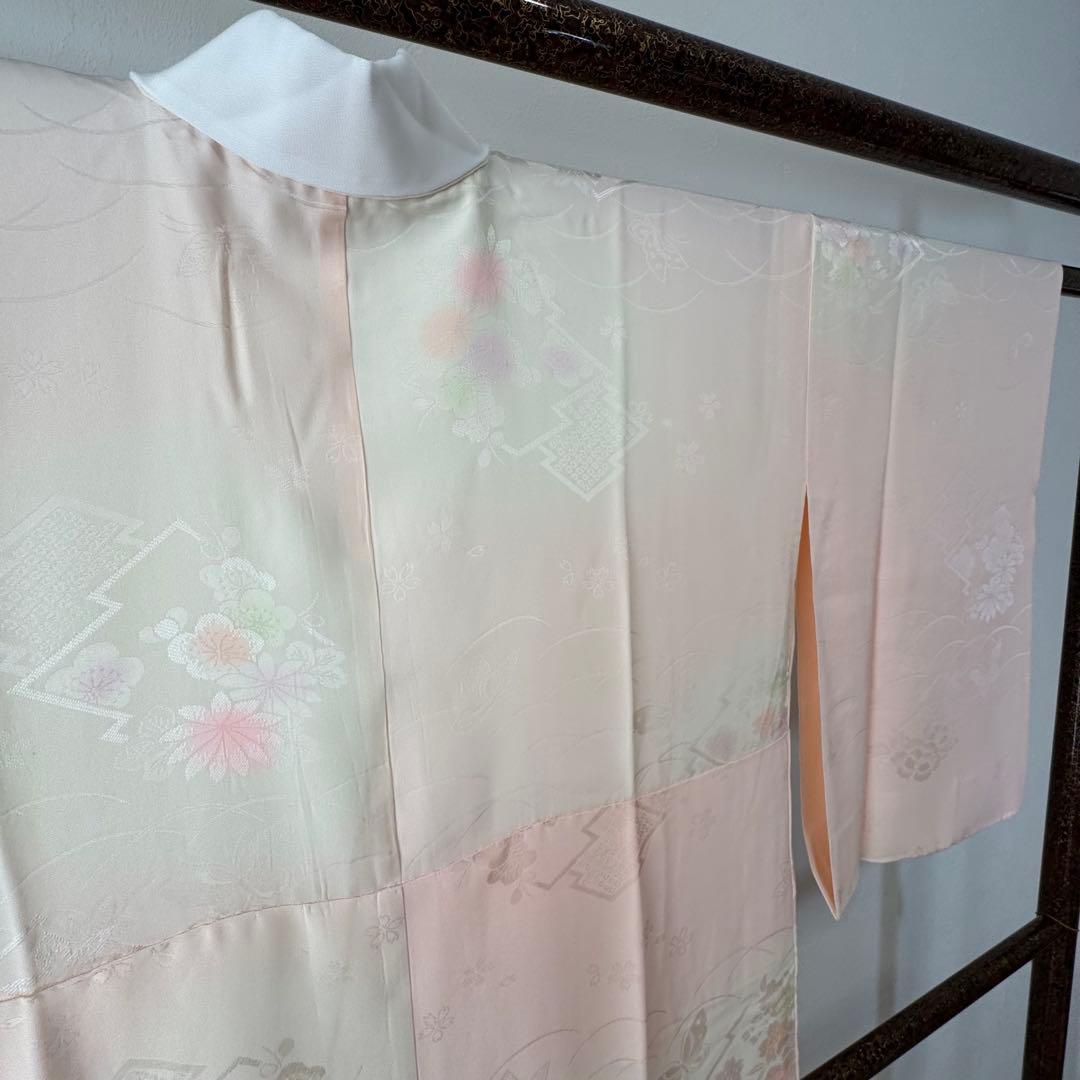 超美品　現代　正絹　長襦袢　袷　着物　和装　ピンク　紫　緑　122　横幅たっぷり