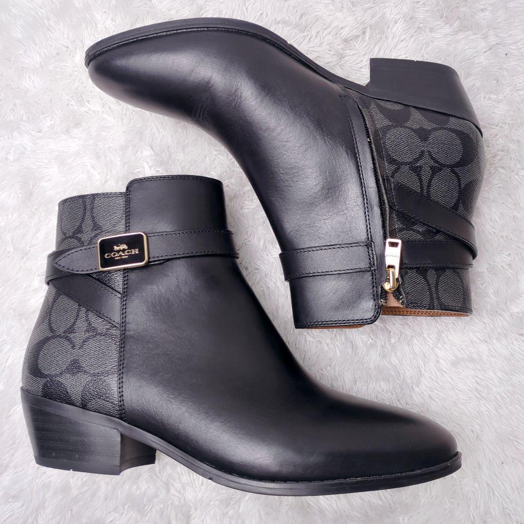 【未使用級】COACH コーチ ショートブーツ レザー ブラック シグネイチャー