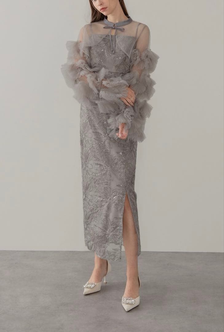 【LEJA】フリルチュールスリーブリボンワンピースドレス2点セット オケージョン