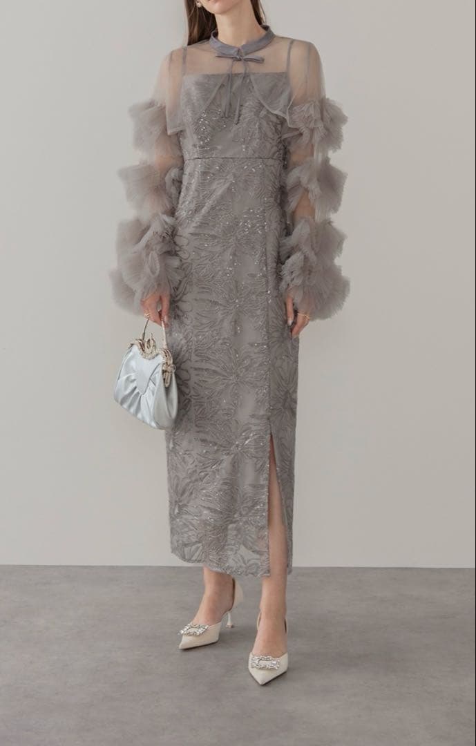 【LEJA】フリルチュールスリーブリボンワンピースドレス2点セット オケージョン