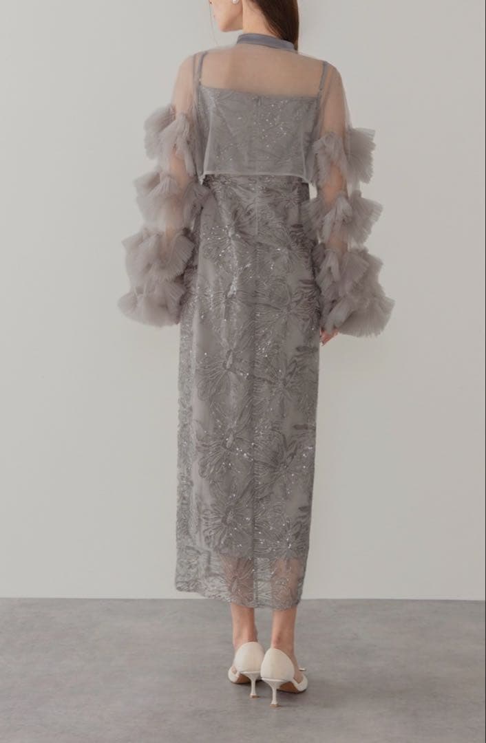 【LEJA】フリルチュールスリーブリボンワンピースドレス2点セット オケージョン