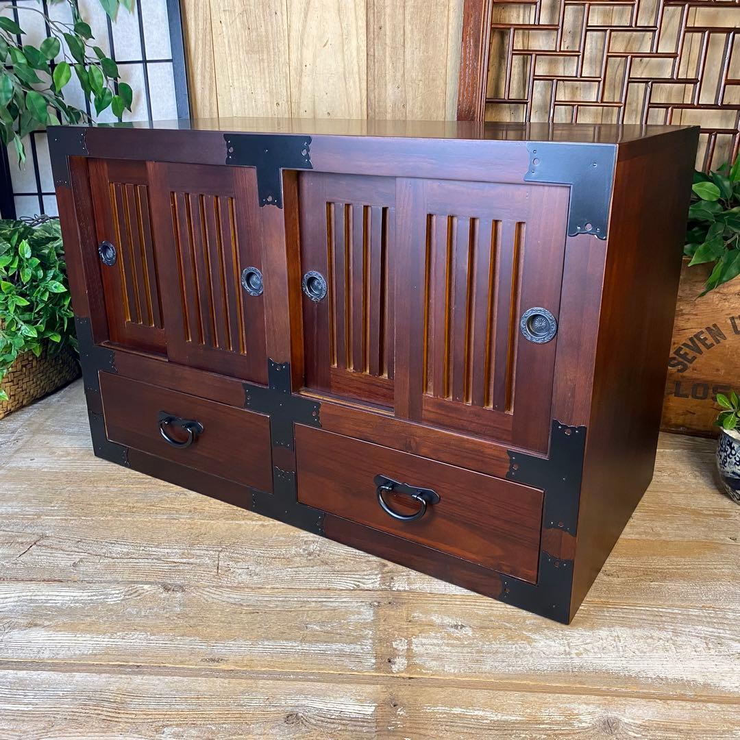 民芸家具木製桐材天然無垢和水屋タンス L和室和風インテリア収納和箪笥飾り棚木製