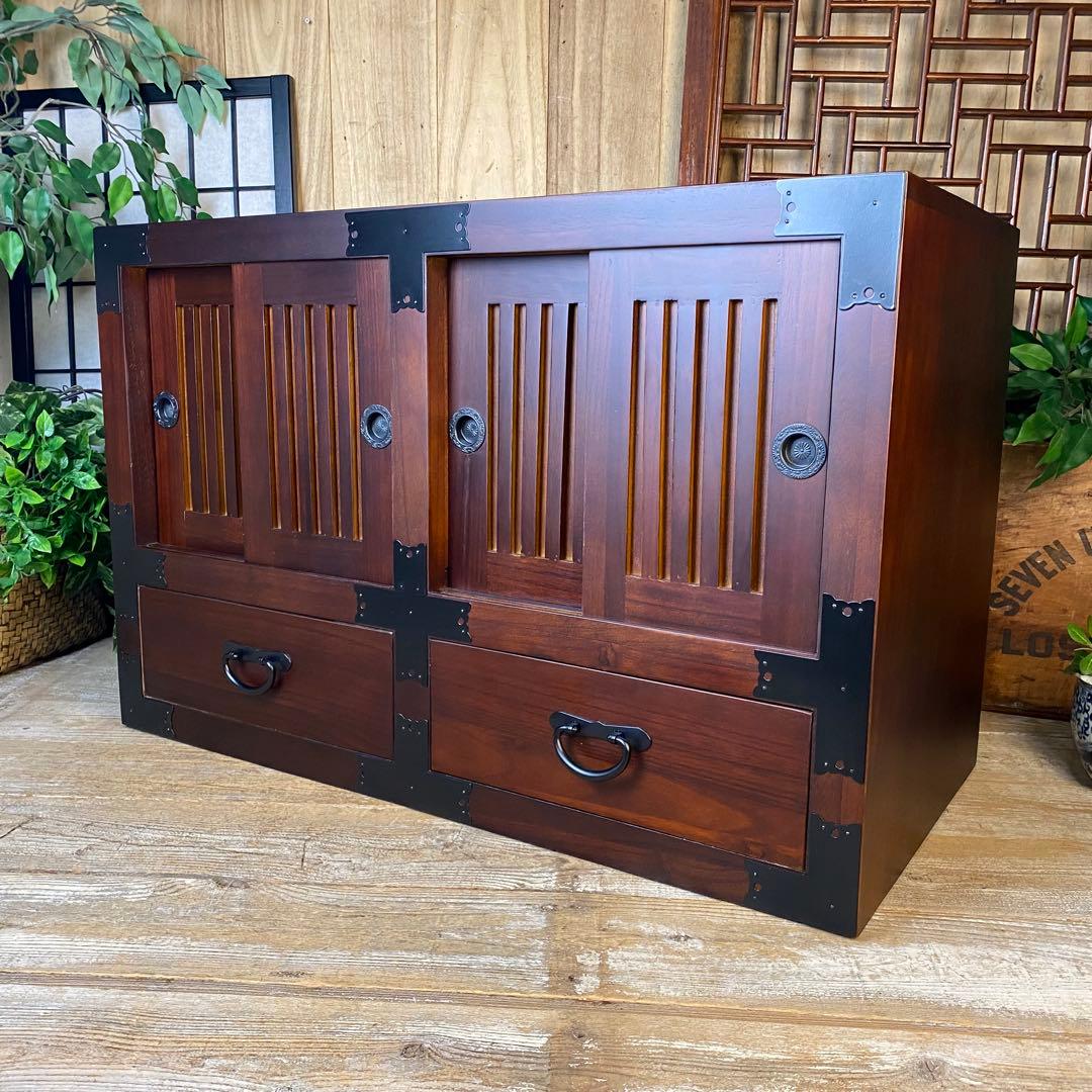 民芸家具木製桐材天然無垢和水屋タンス L和室和風インテリア収納和箪笥飾り棚木製