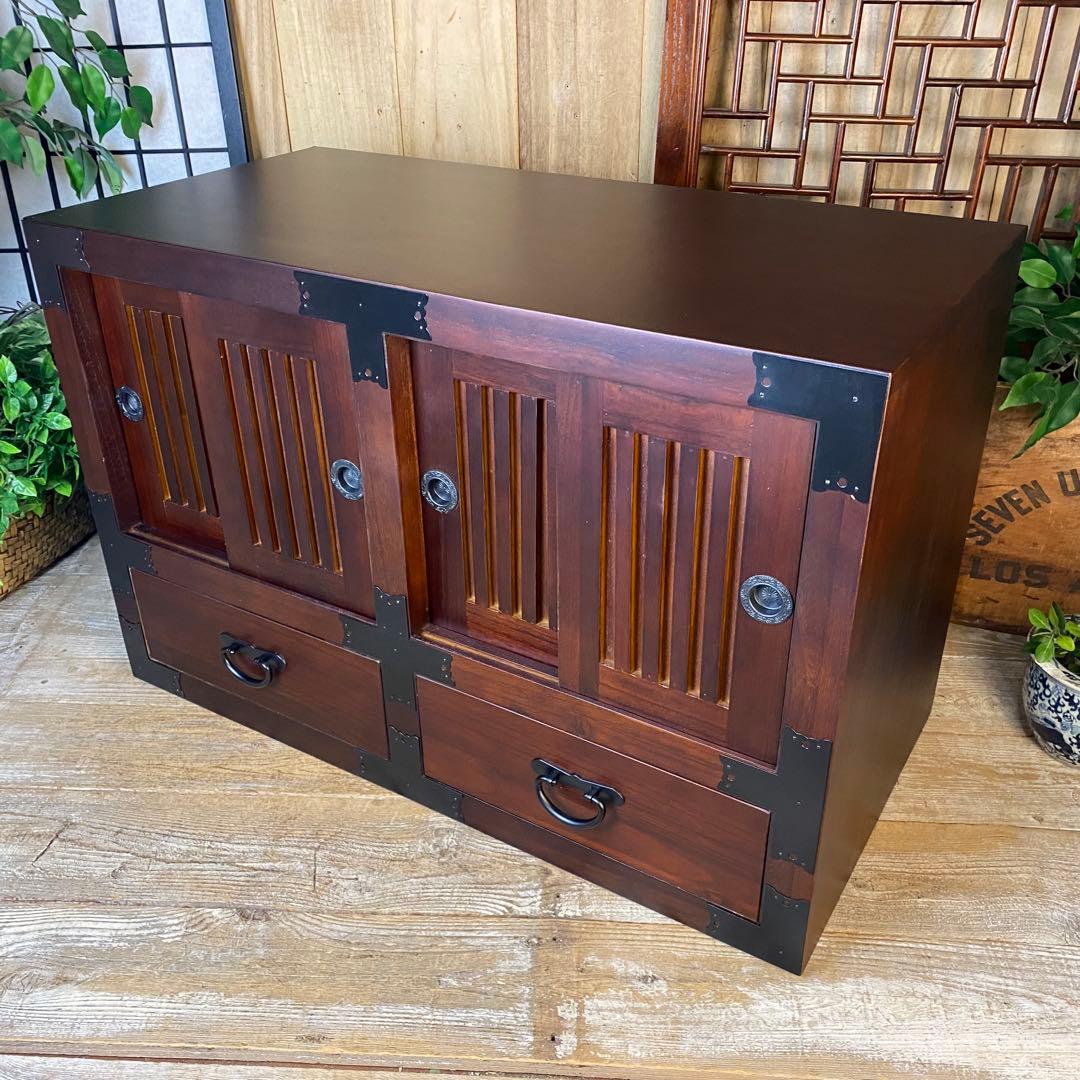 民芸家具木製桐材天然無垢和水屋タンス L和室和風インテリア収納和箪笥飾り棚木製