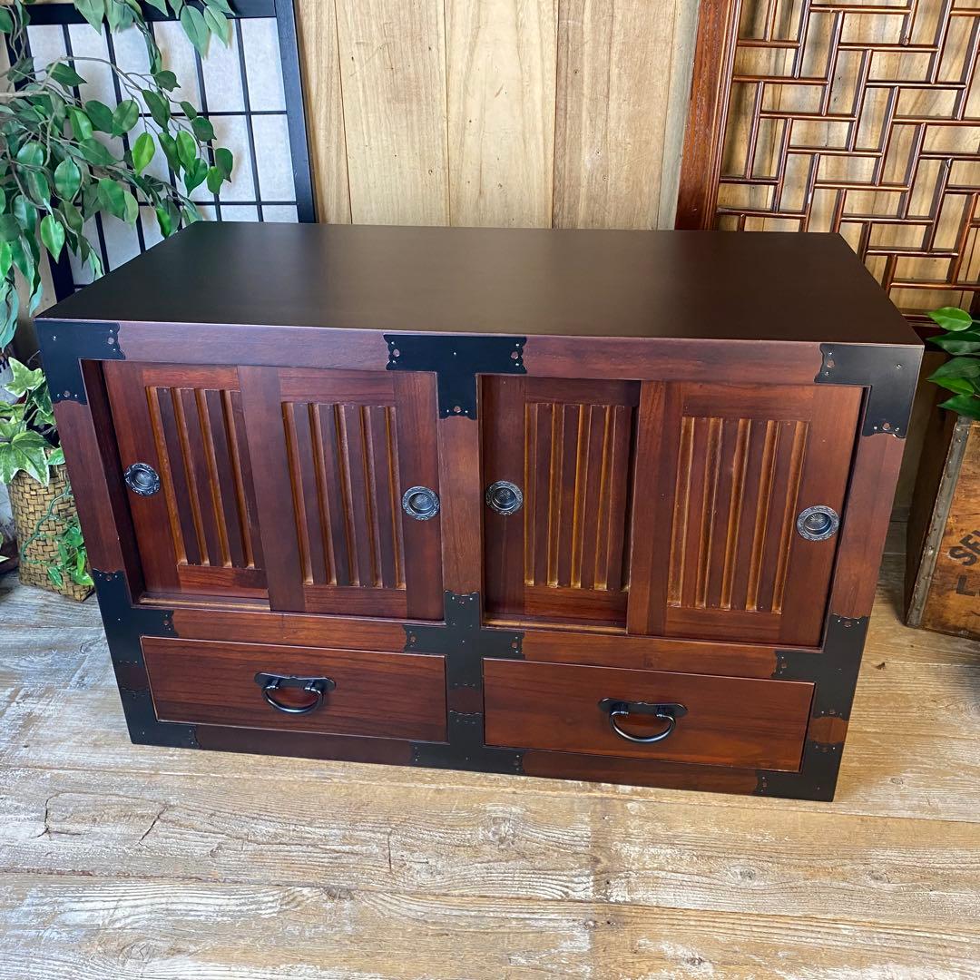 民芸家具木製桐材天然無垢和水屋タンス L和室和風インテリア収納和箪笥飾り棚木製