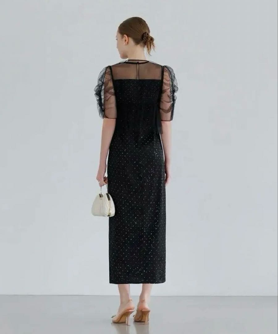 LEJA チュールフラワーモチーフドットストーンIラインワンピースドレス